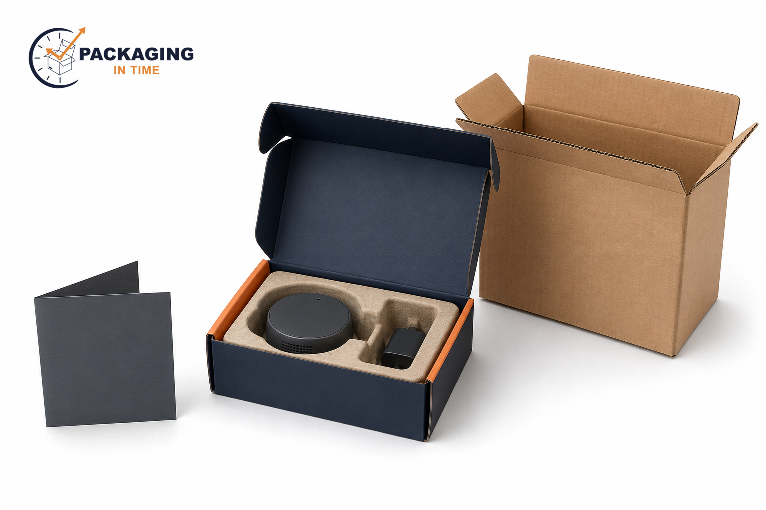Packaging in Time logo at top left above a smart-home device in a molded-pulp insert, retail carton, printed instruction card, and corrugated shipper.