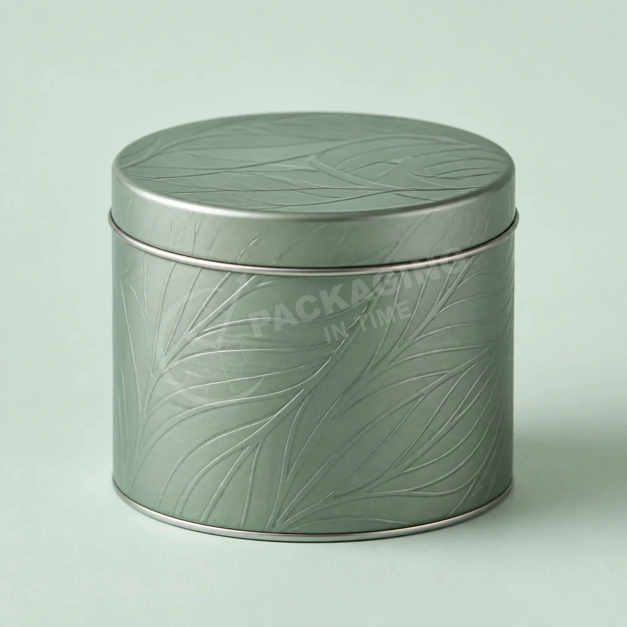 Sage Green Leaf Pattern Tin Container with Silver Trim image 3