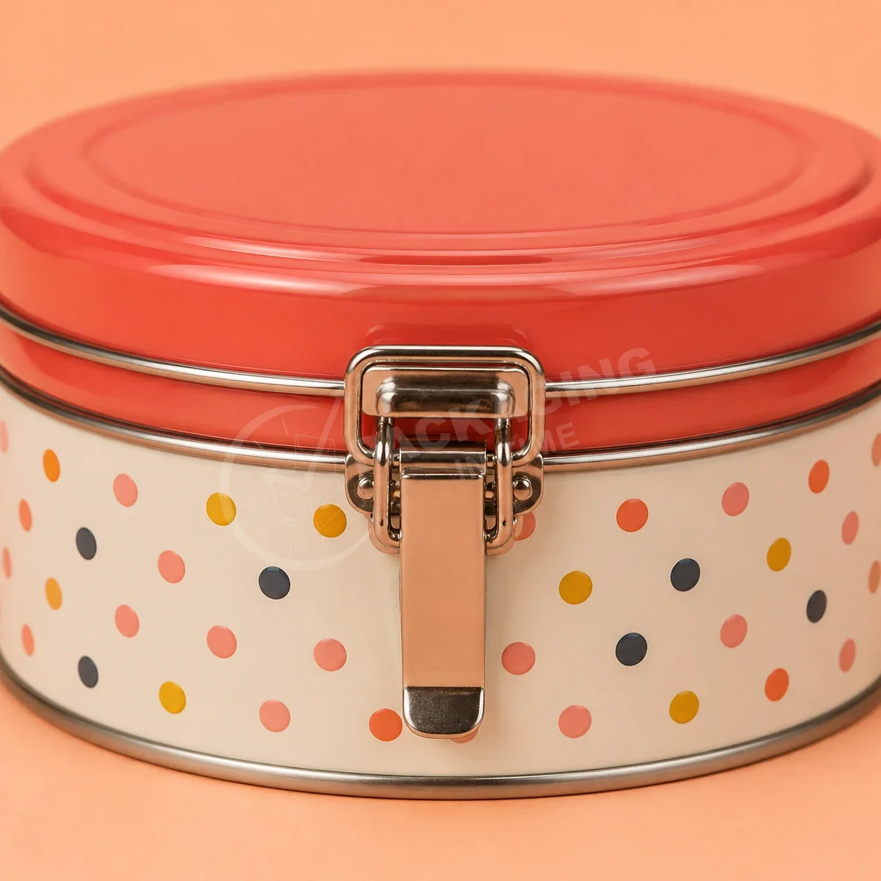 Polka Dot Tin Container with Red Lid and Metal Clasp