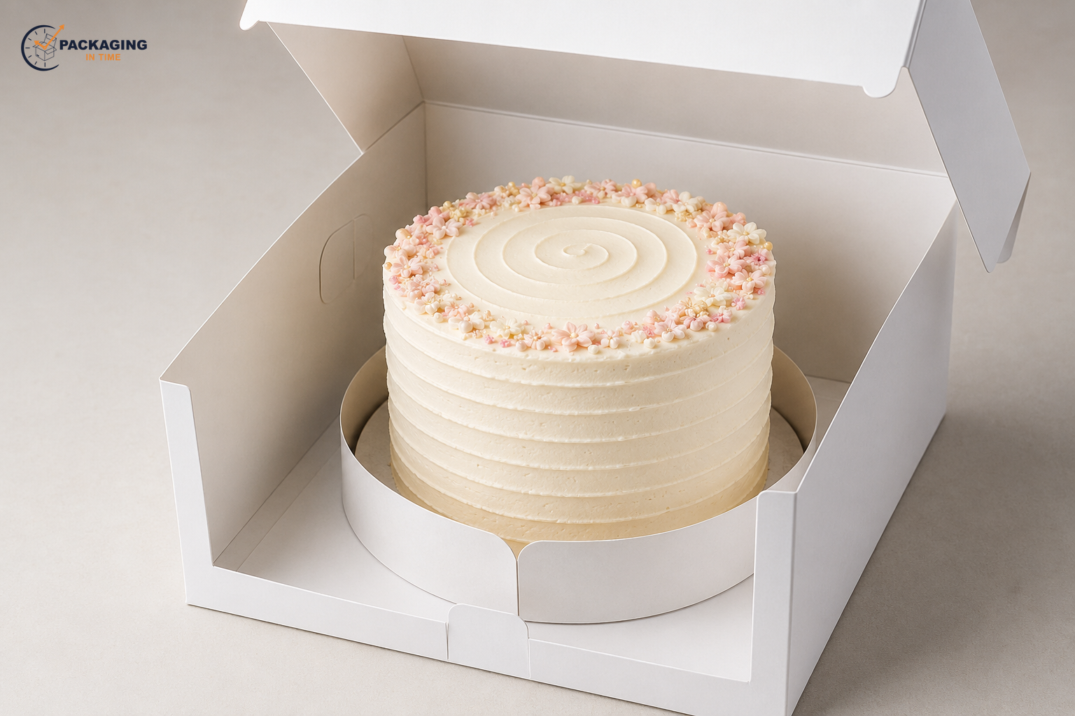 Frosted cake centered on a round cake board inside a white bakery box with a fitted collar and lid clearance. The Packaging in Time logo appears unchanged at the top-left.