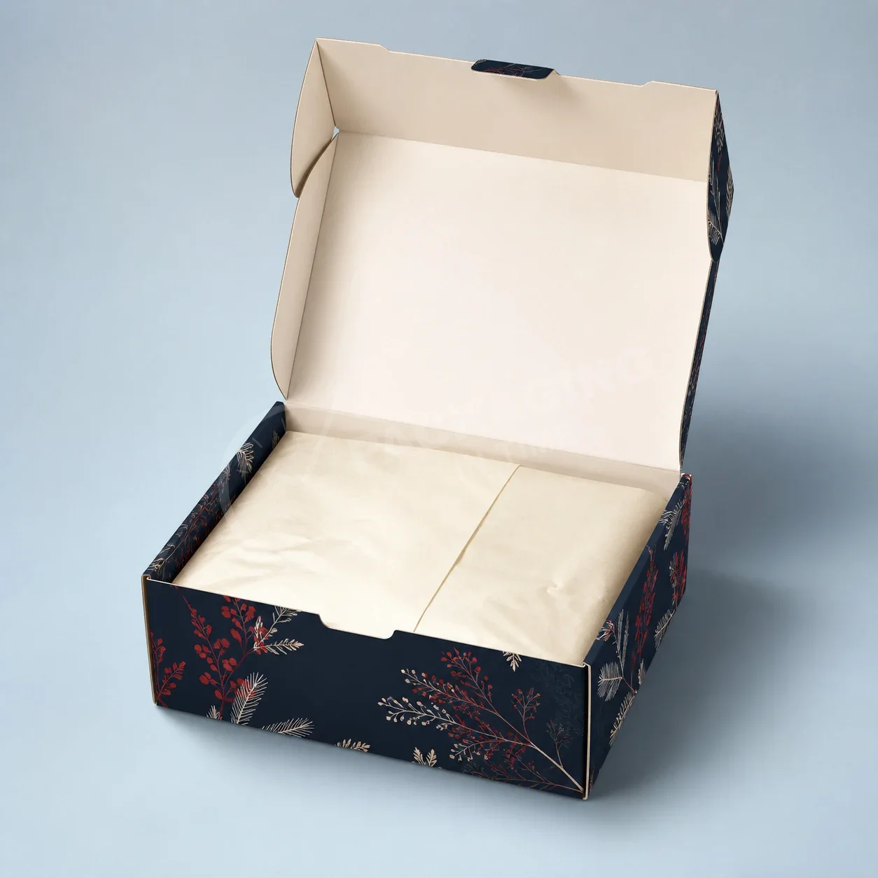 Dark Navy Botanical Gift Box with Red Berry and Cream Leaf Design image 2