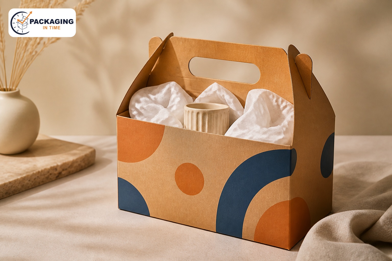 Custom kraft gable box with integrated carry handle, printed accents and Packaging in Time logo watermark in the upper left.