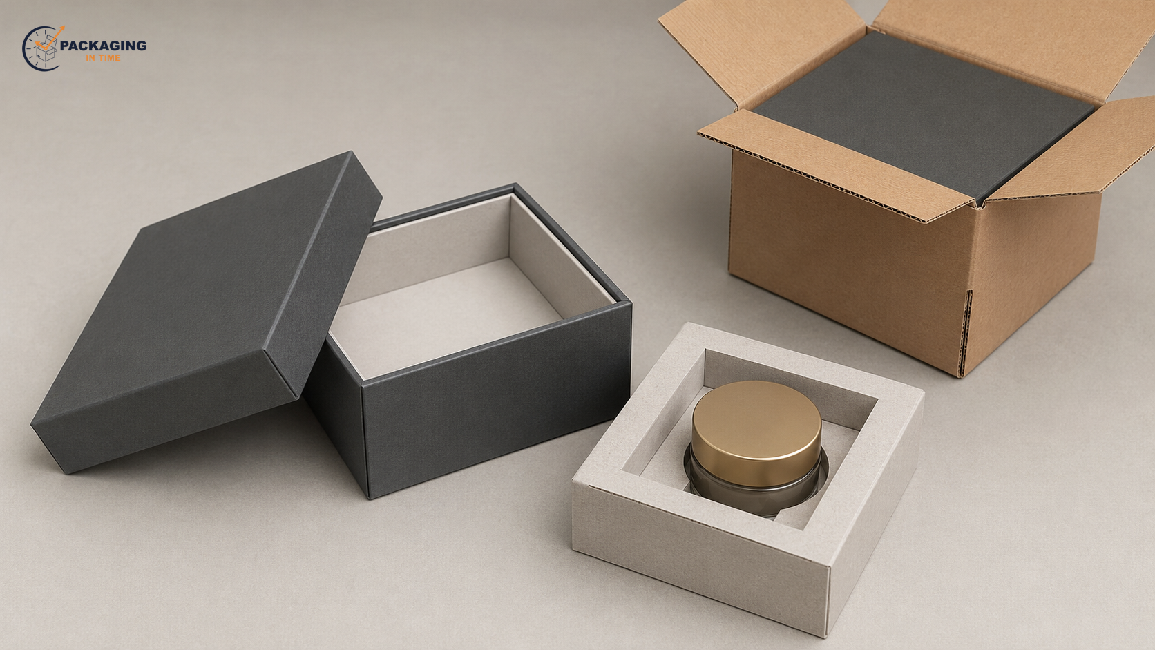 Watermarked landscape photo showing an open charcoal rigid lid-and-base box, fitted product insert, separate product jar, and a corrugated outer shipping box.