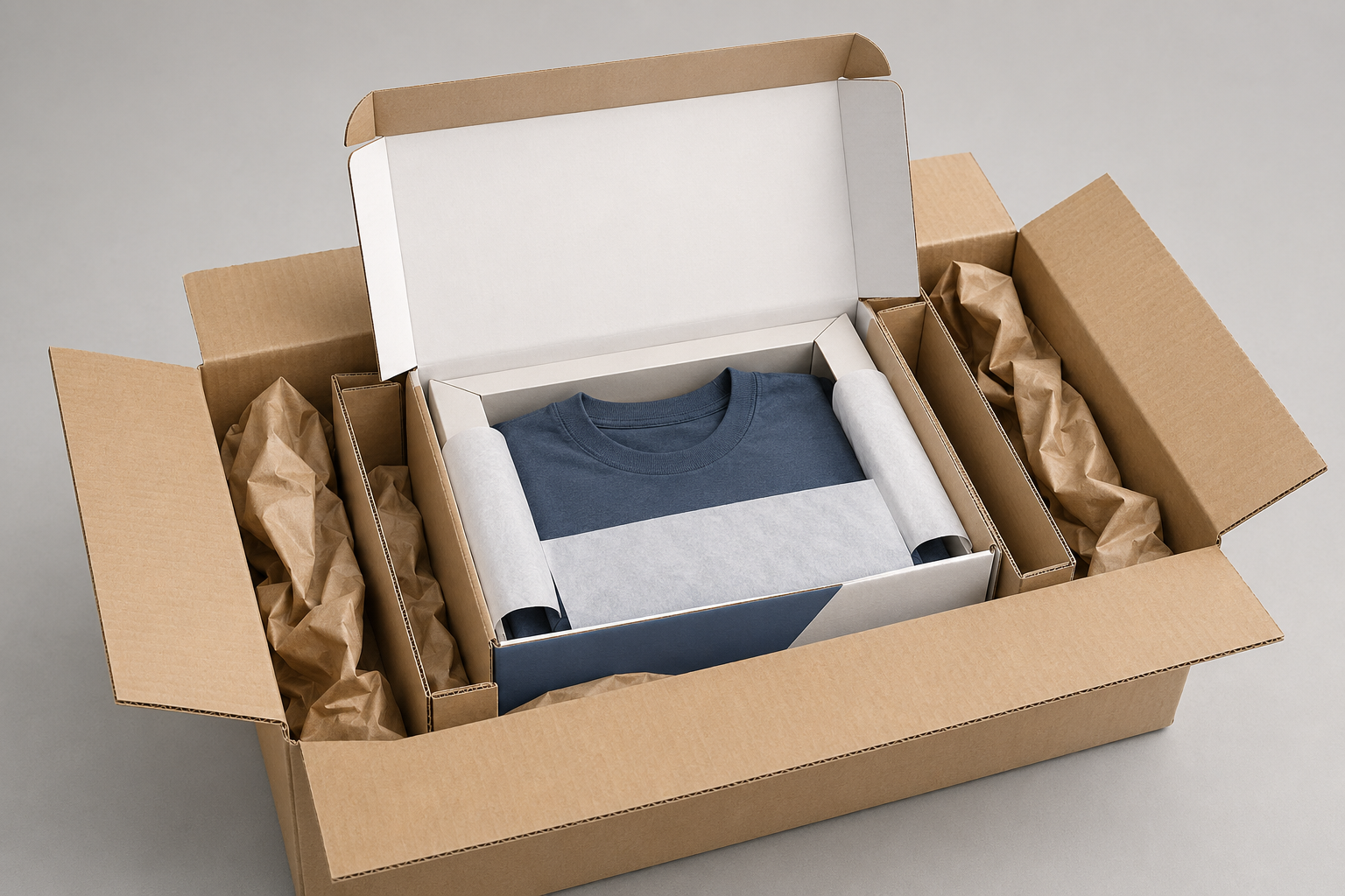 Open corrugated shipper with kraft void fill, a divider, and a white apparel retail box holding a tissue-wrapped folded blue shirt.