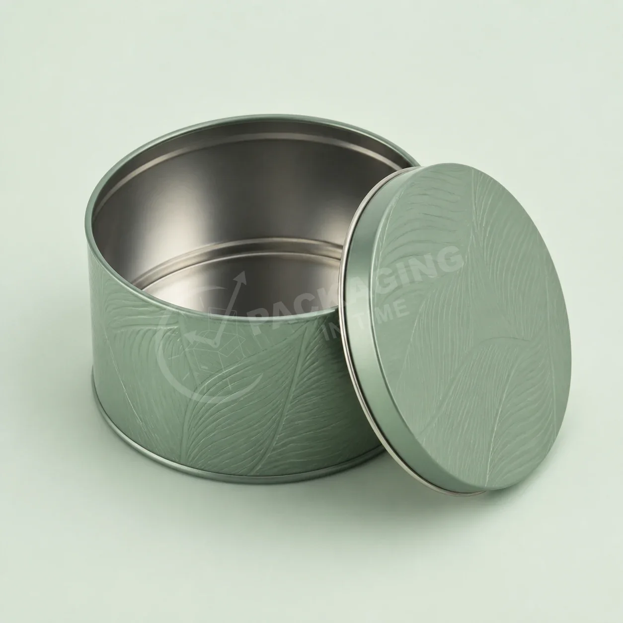 Sage Green Leaf Pattern Tin Container with Silver Trim image 2