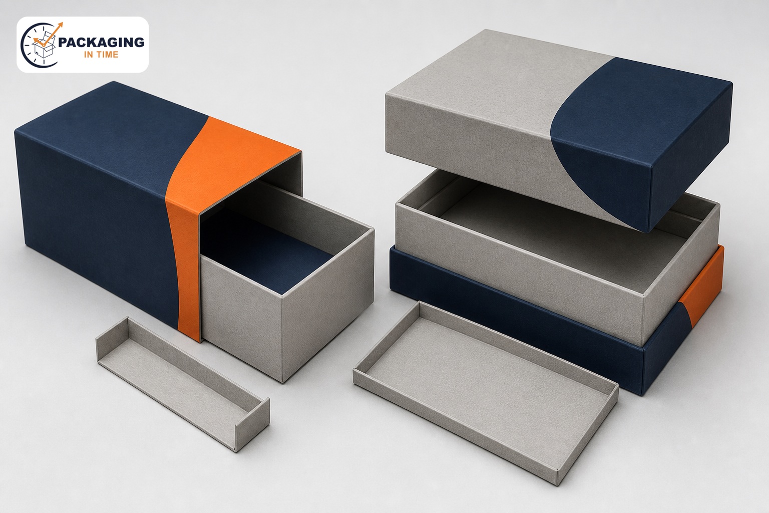 Telescoping lid-and-base and shoulder-and-neck rigid two-piece boxes shown partly open.