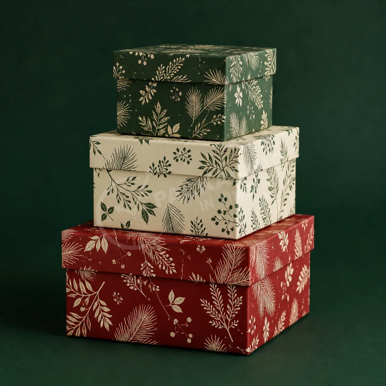 Botanical Holiday Gift Boxes with Lid - Red, Cream & Green Set image 3