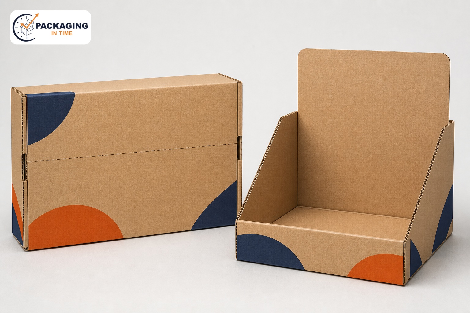 Shelf-ready corrugated display case shown closed for transport and opened into a tray, with Packaging in Time logo watermark in the upper left.