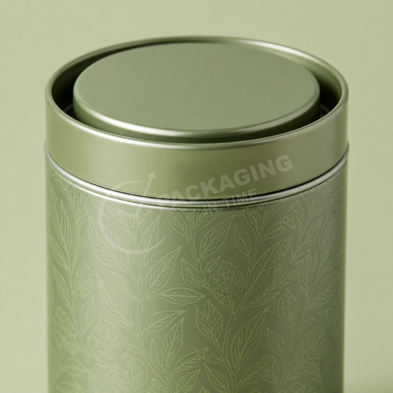 Sage Green Leaf Pattern Tin Canister with Removable Lid