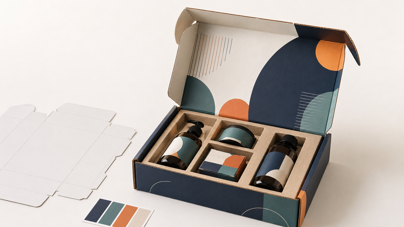 Open printed corrugated subscription box with fitted insert, generic products, dieline, and color swatches.