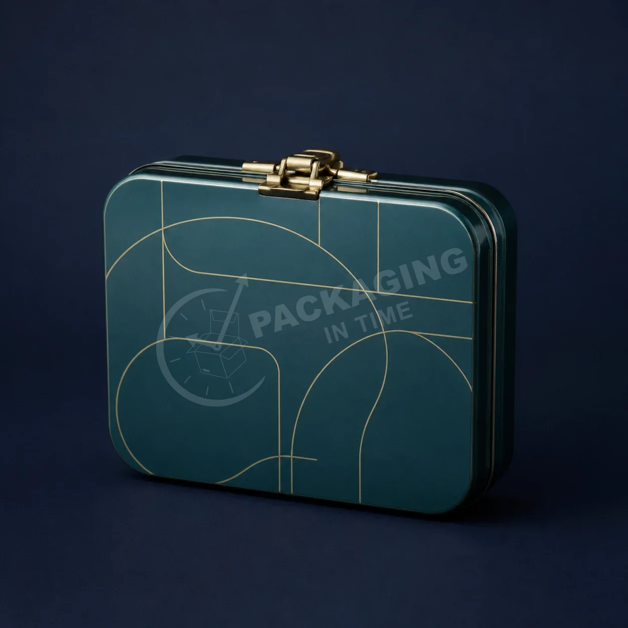 Deep Teal Decorative Tin with Gold Line Pattern and Brass Clasp image 3