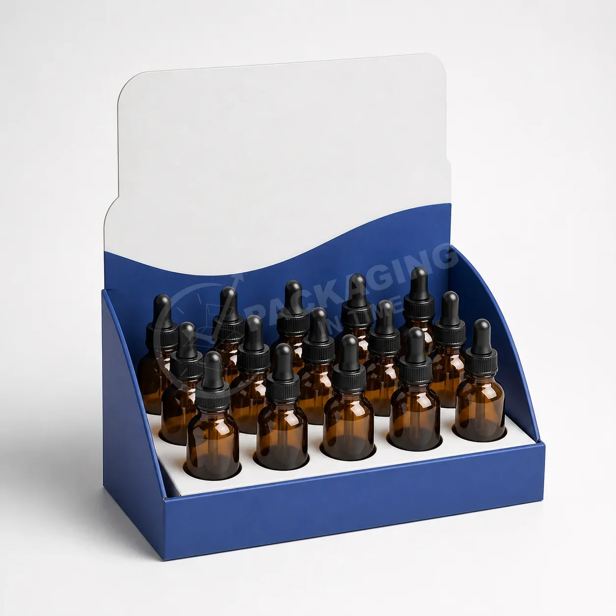 Display Box for Dropper Bottles with Tiered Shelf Compartments