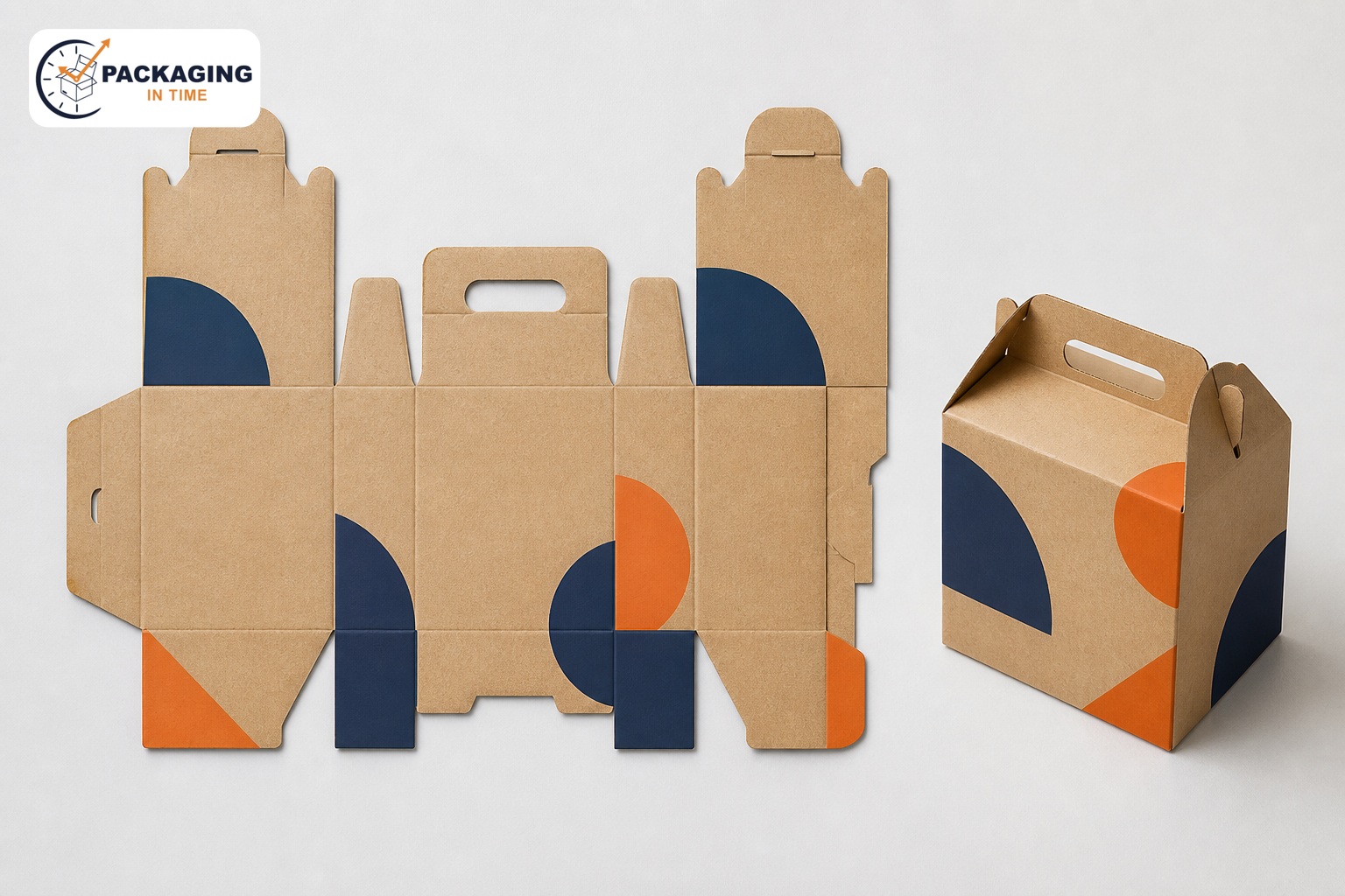Flat gable-box blank beside an assembled kraft gable box, showing folds, handle panels and closure, with Packaging in Time logo watermark in the upper left.