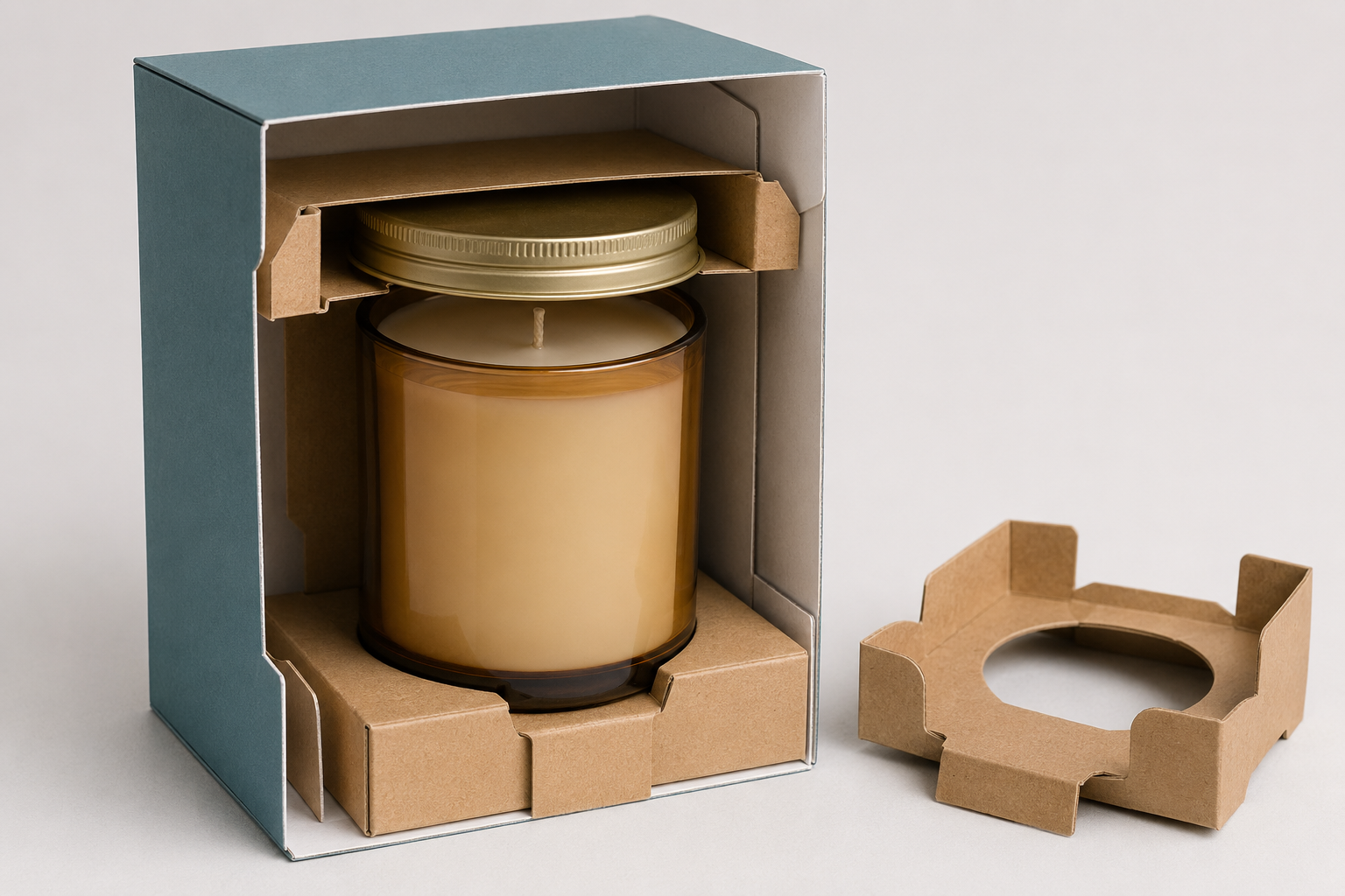 Glass candle jar held by a paperboard base lock and neck collar with protected headspace