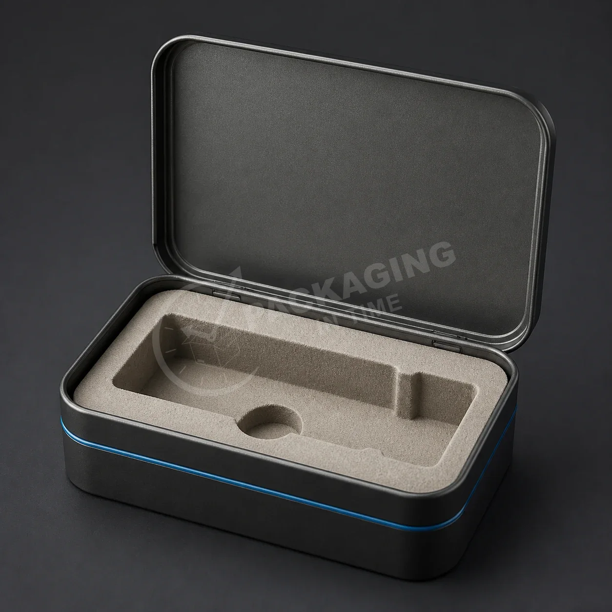 Black Tin Packaging with Blue Trim and Custom Foam Insert image 3
