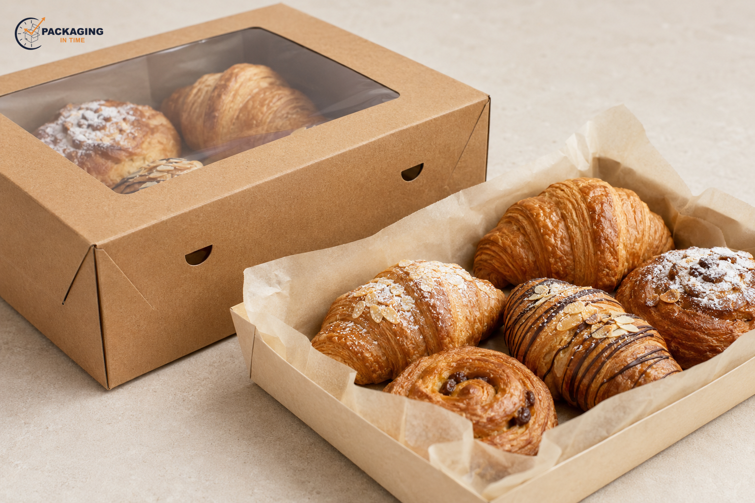 Kraft bakery window box with clear display film, liner-separated pastries, and ventilation cutouts high on the side panels. The Packaging in Time logo appears unchanged at the top-left.