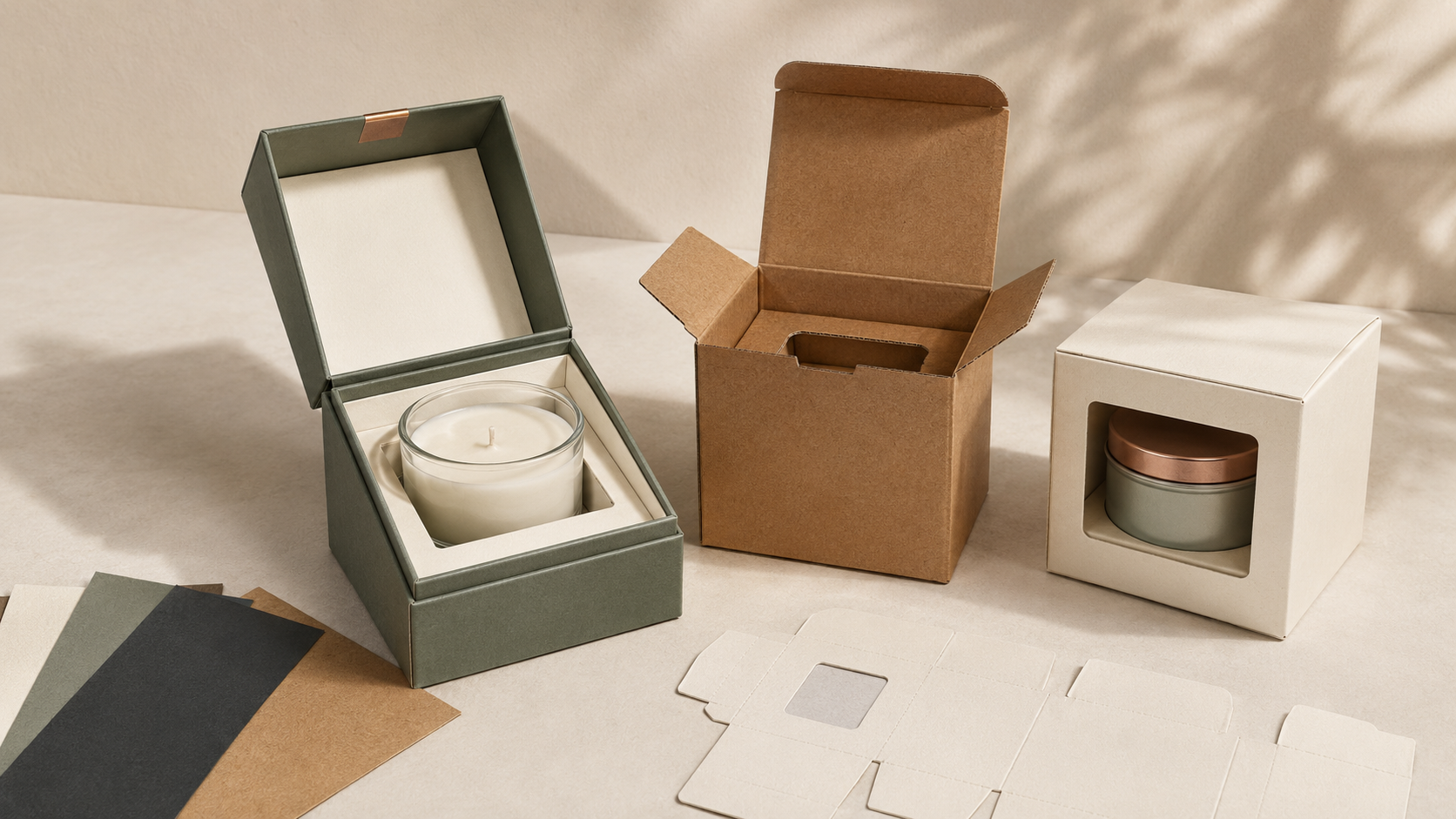 Kraft, rigid, and window candle boxes with fitted inserts around glass and tin candles