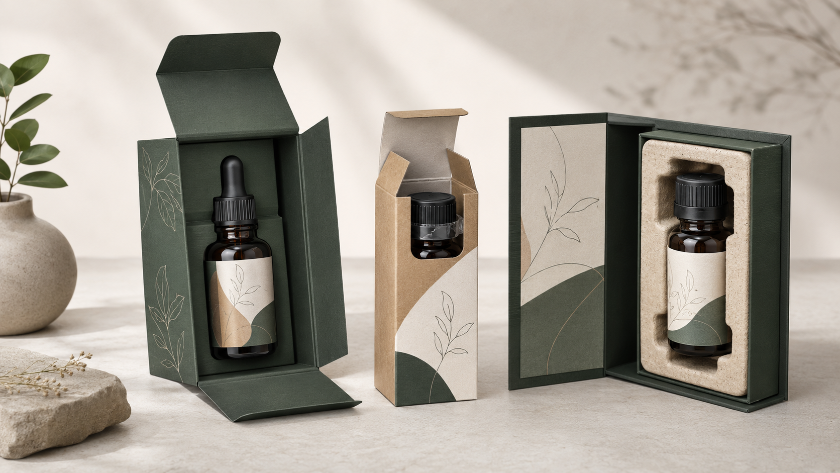 Unbranded folding cartons and rigid presentation boxes for a bottle with a closure and fitted tray