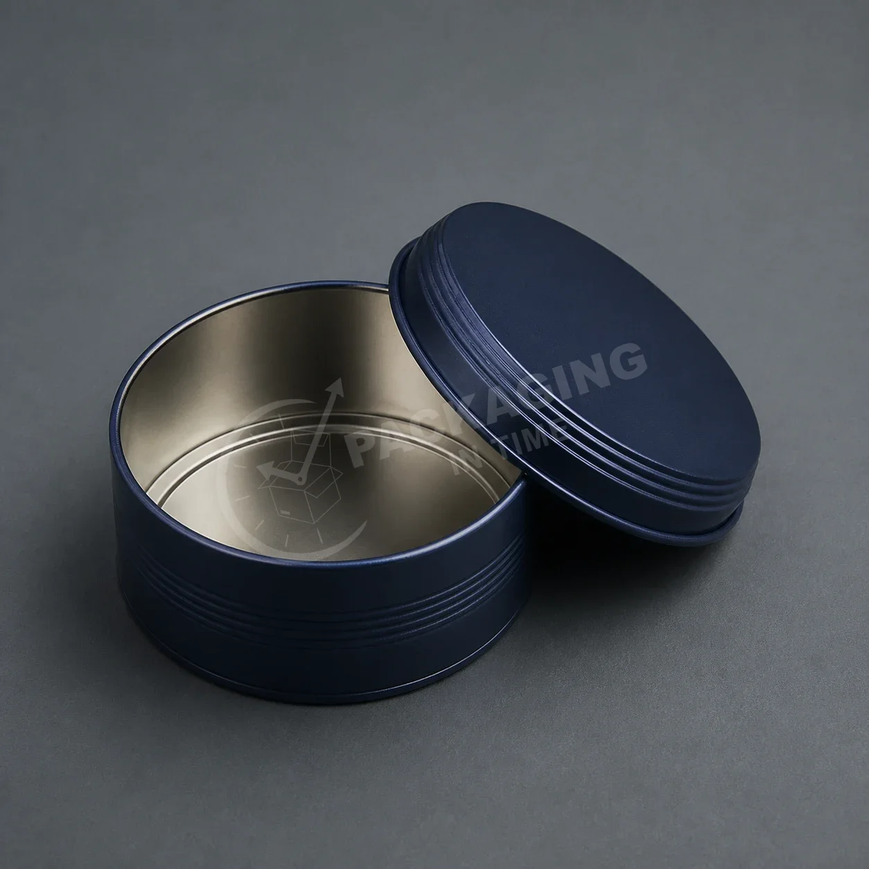 Navy Blue Metal Tin with Ribbed Design and Silver Band image 2