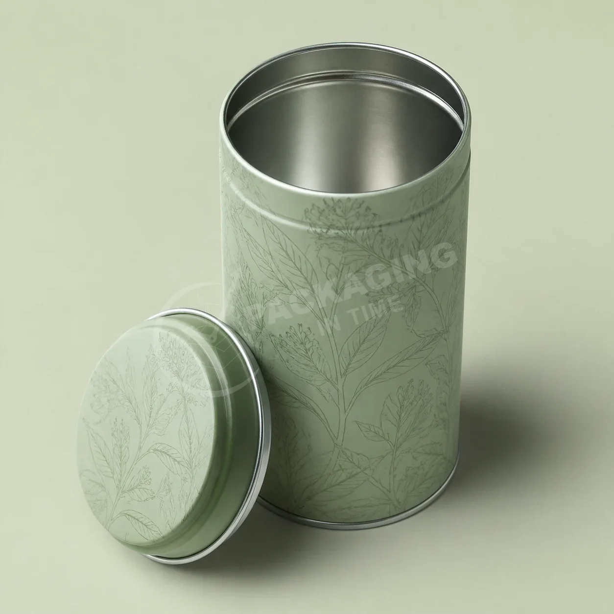 Sage Green Leaf Pattern Tin Canister with Removable Lid image 2