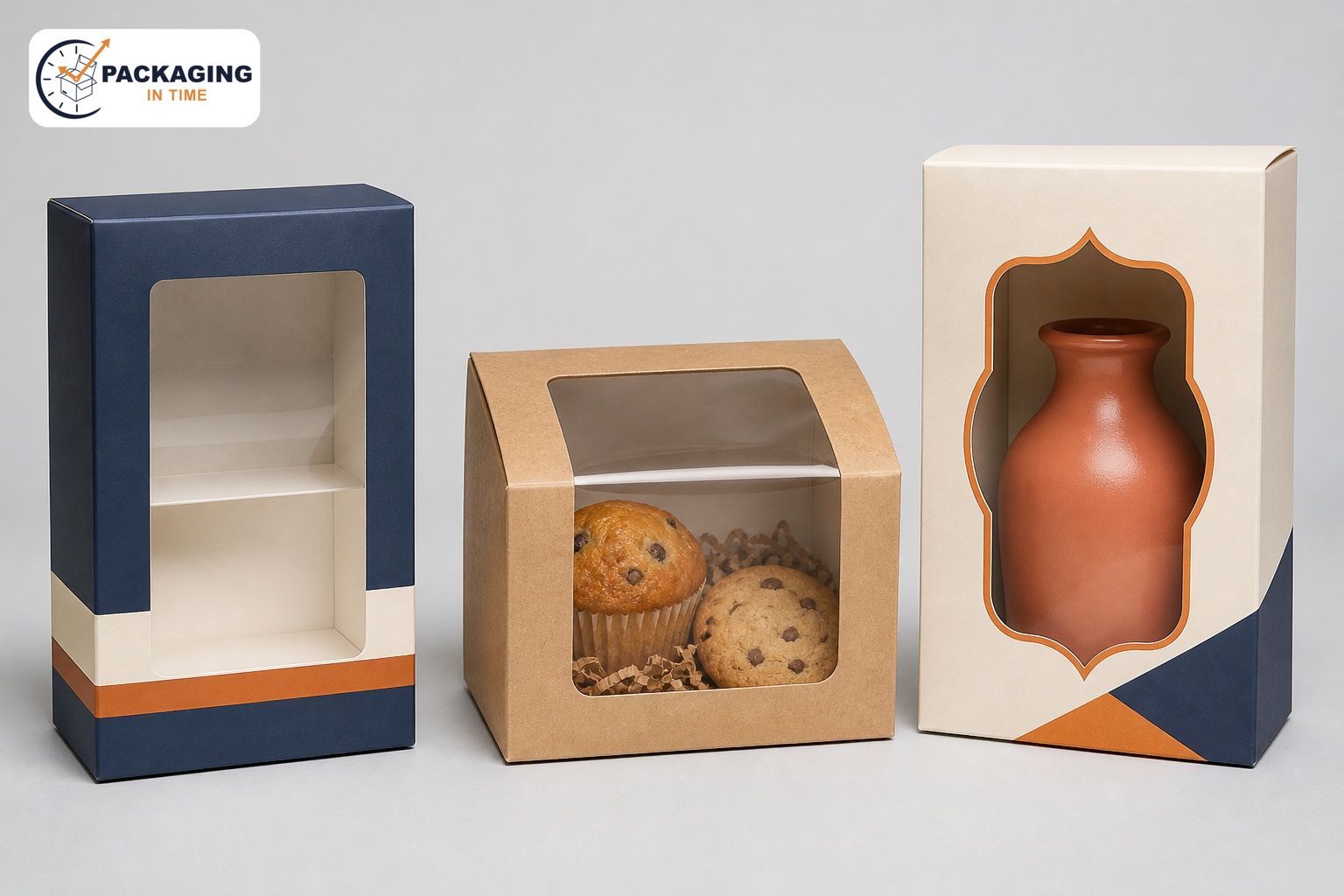 Three unbranded custom window boxes showing rectangular, bakery-style and shaped display windows.