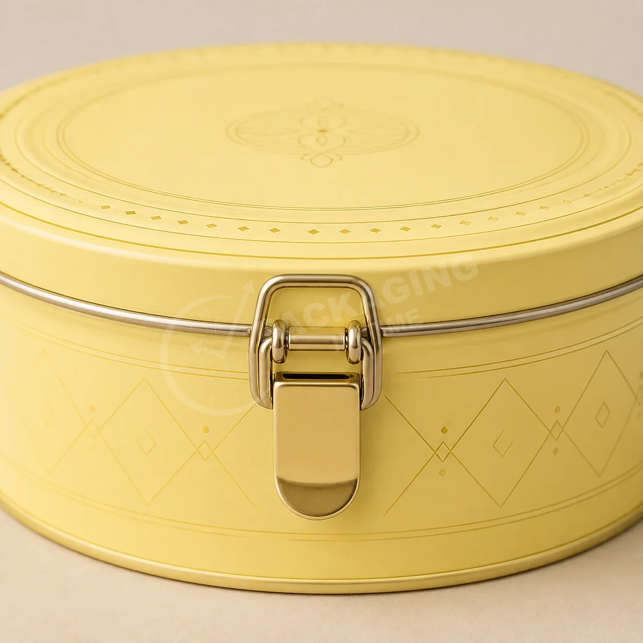 Pale Yellow Round Tin with Quilted Diamond Pattern and Clasp Closure