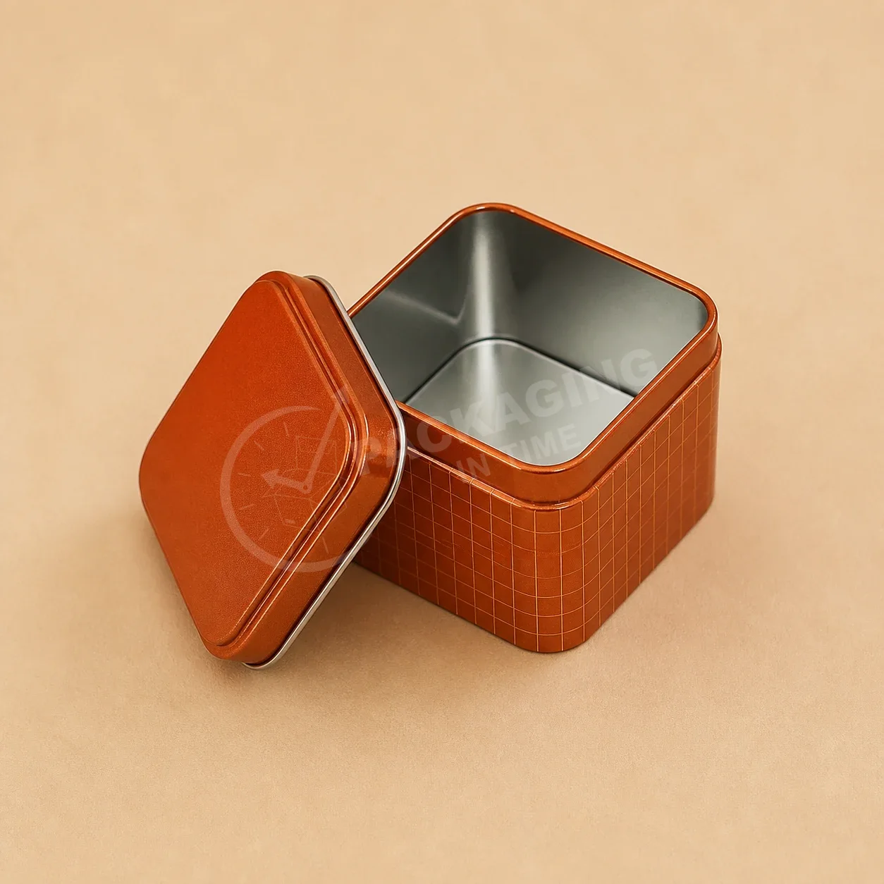 Orange Embossed Square Tin Packaging with Metal Lid image 2