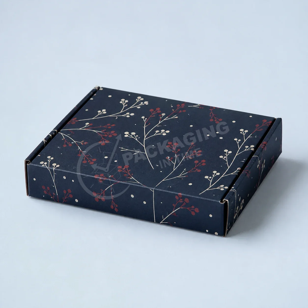 Dark Navy Botanical Gift Box with Red Berry and Cream Leaf Design image 3