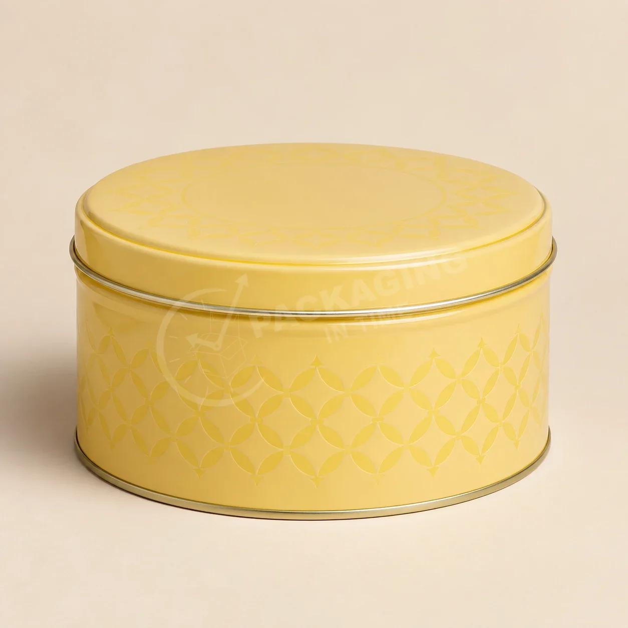 Pale Yellow Round Tin with Quilted Diamond Pattern and Clasp Closure image 3
