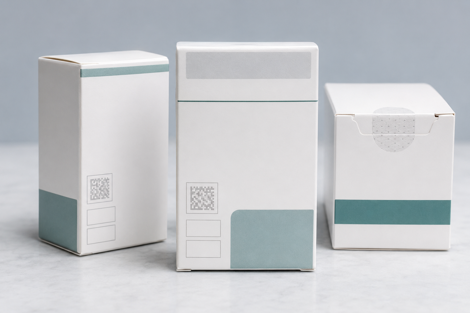 Unbranded pharmaceutical folding cartons with reserved code and variable-data panels and a clearly visible tamper-evident seal placement