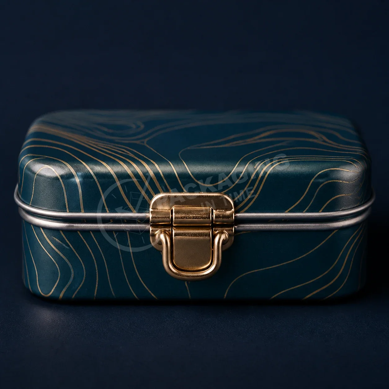 Deep Teal Decorative Tin with Gold Line Pattern and Brass Clasp