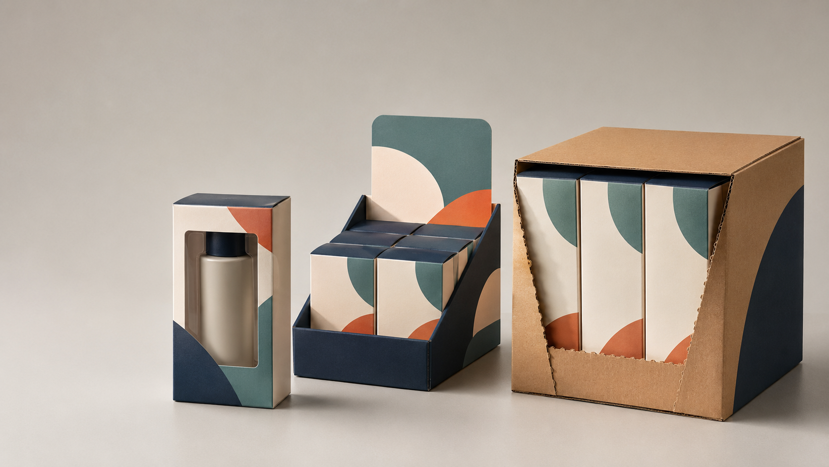 Custom retail boxes shown as a window carton, PDQ display tray, and shelf-ready corrugated case.