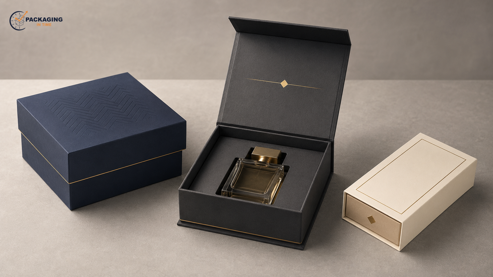 Watermarked landscape photo of three unbranded custom luxury packaging boxes: navy lift-off rigid box, charcoal magnetic closure box with fitted fragrance insert, and cream drawer sleeve box.