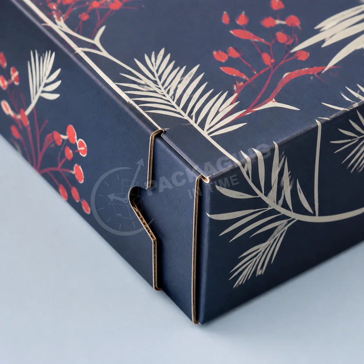 Dark Navy Botanical Gift Box with Red Berry and Cream Leaf Design