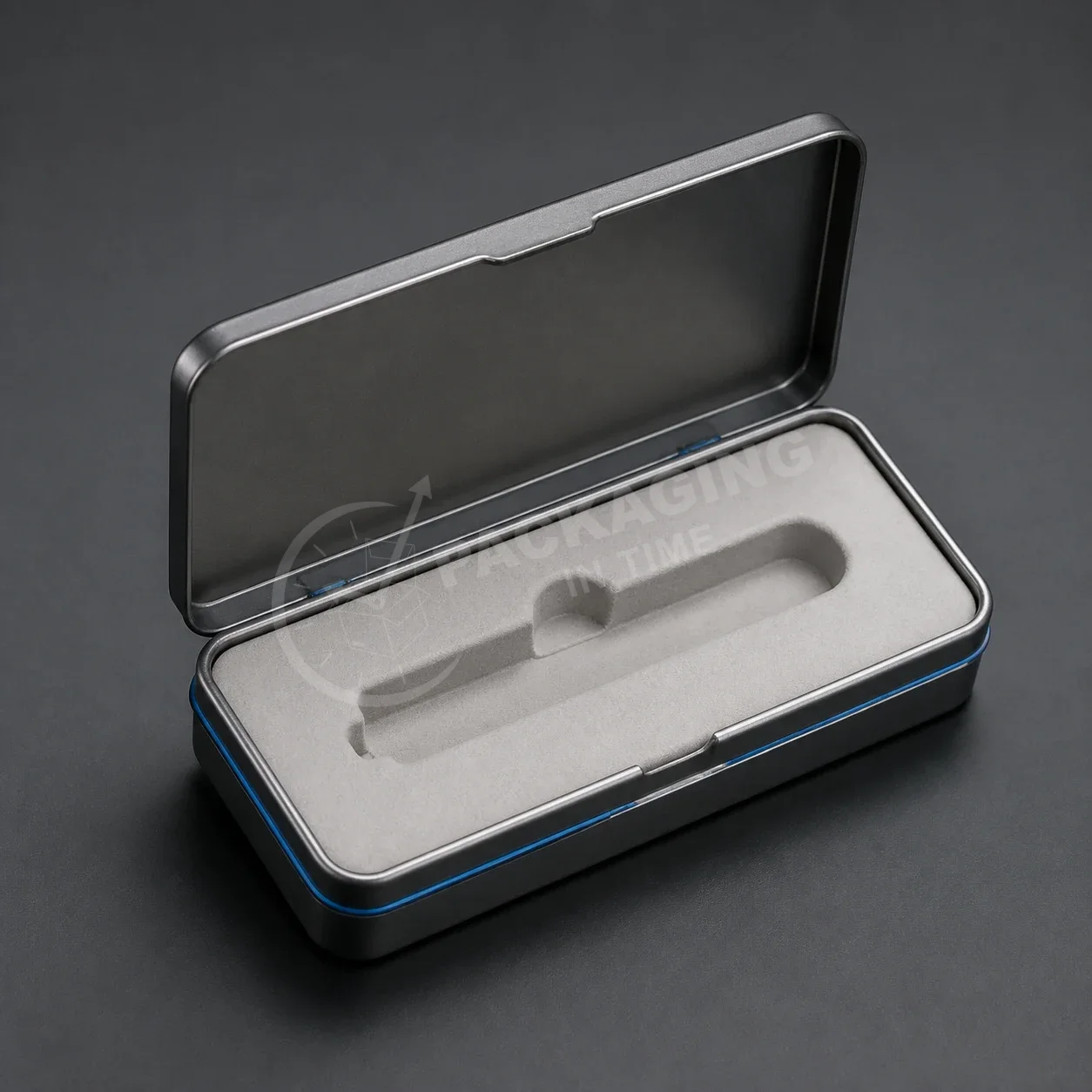 Black Tin Packaging with Blue Trim and Custom Foam Insert image 2