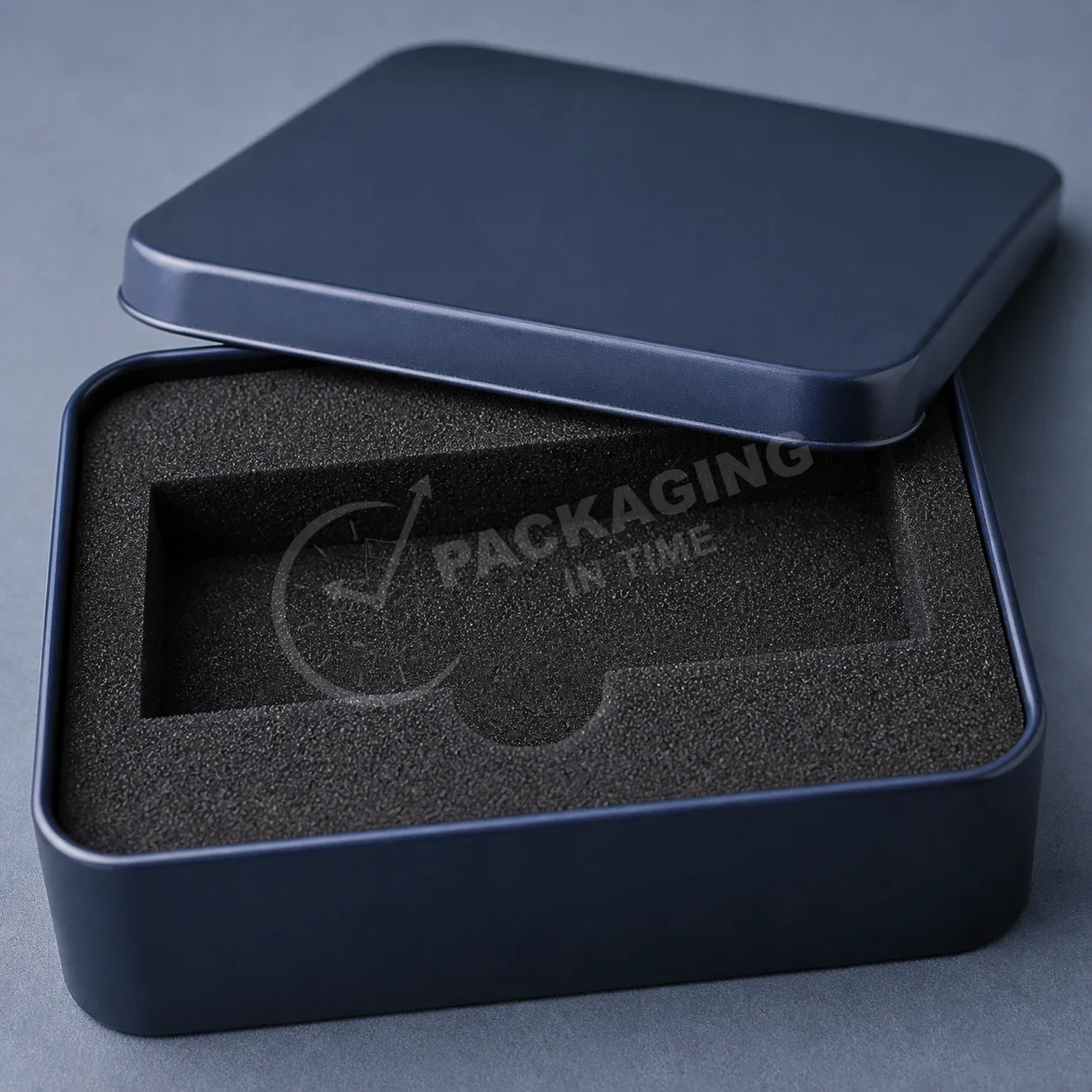 Navy Blue Metal Tin with Custom Foam Insert