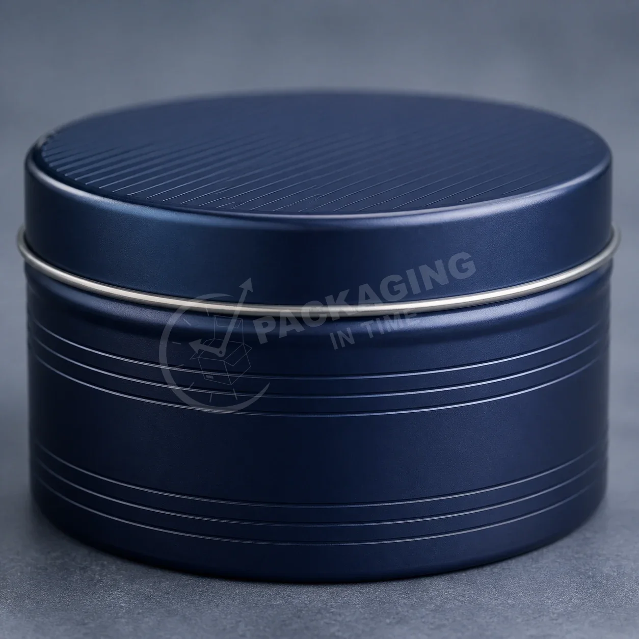 Navy Blue Metal Tin with Ribbed Design and Silver Band