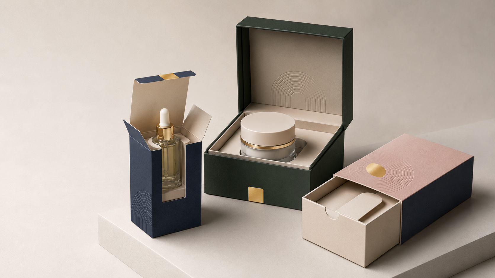 Folding and rigid cosmetic boxes with foil stamping, embossed paperboard, and fitted product inserts.