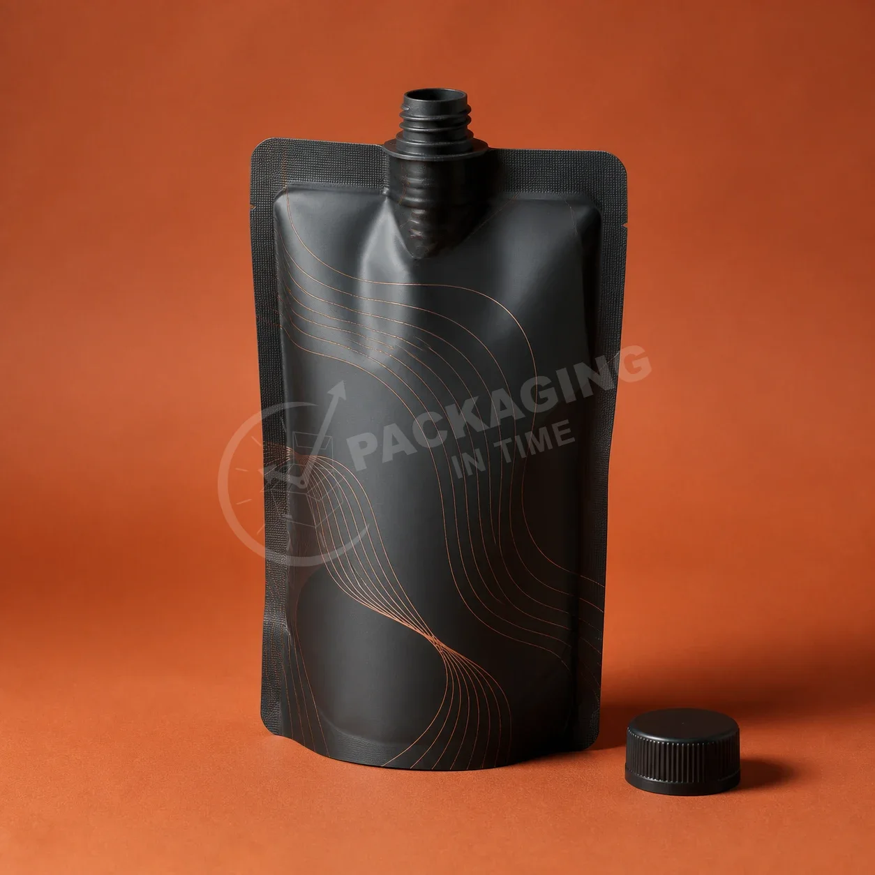 Black Doypack with Spout and Textured Lined Design