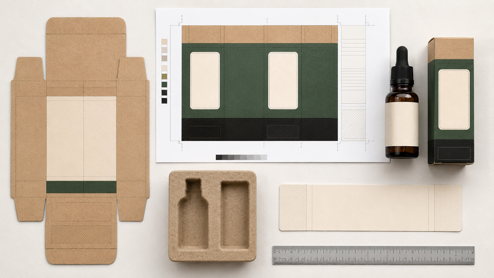 Blank folding-carton dieline, approved proof layout, dropper bottle, carton, and molded-pulp tray showing packaging artwork control components