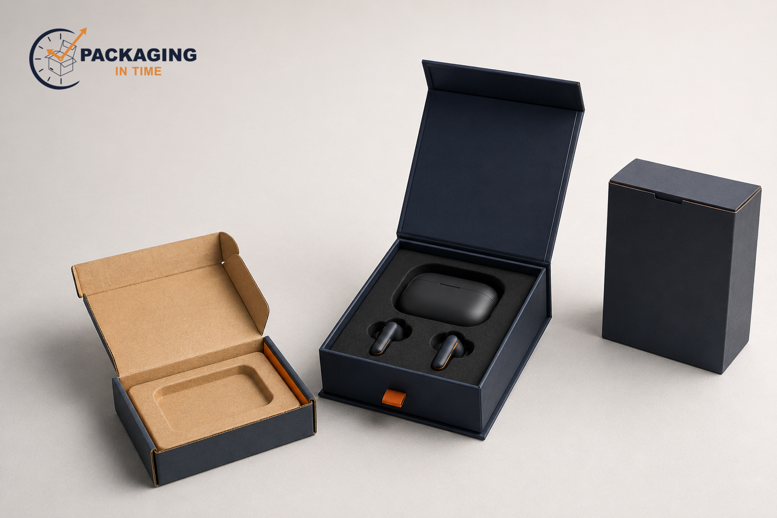 Packaging in Time logo at top left above a rigid earbuds box, folding carton, and corrugated mailer for custom electronics packaging.
