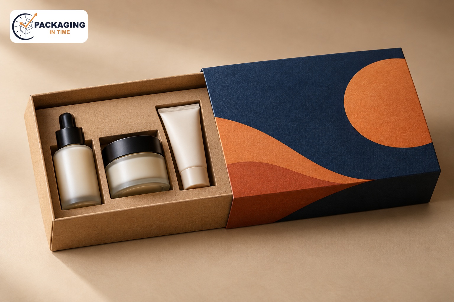 Custom kraft tray partially sliding out of a printed navy and orange sleeve, with Packaging in Time logo watermark in the upper left.
