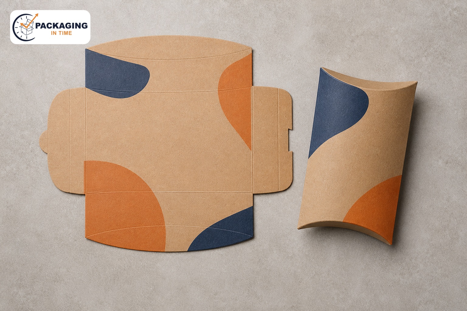 Flat pillow-box blank beside assembled curved pillow box, showing tuck ends and fold lines with Packaging in Time logo watermark in the upper left.
