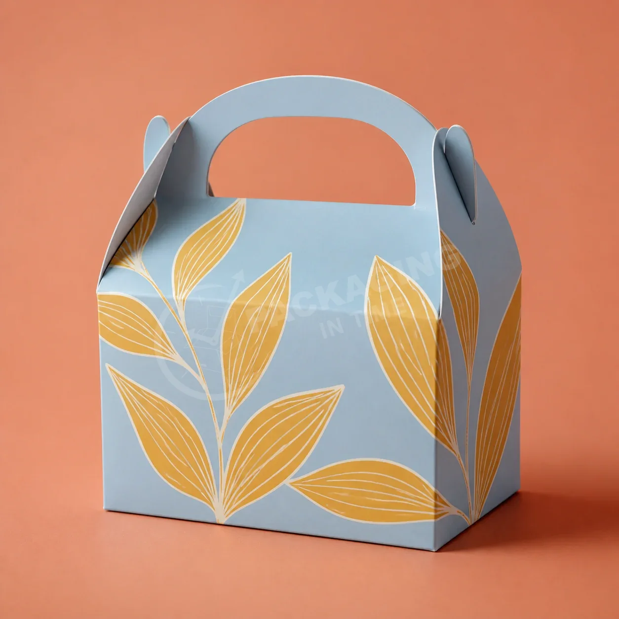 Blue Gable Box with Golden Leaf Design and Curved Handles
