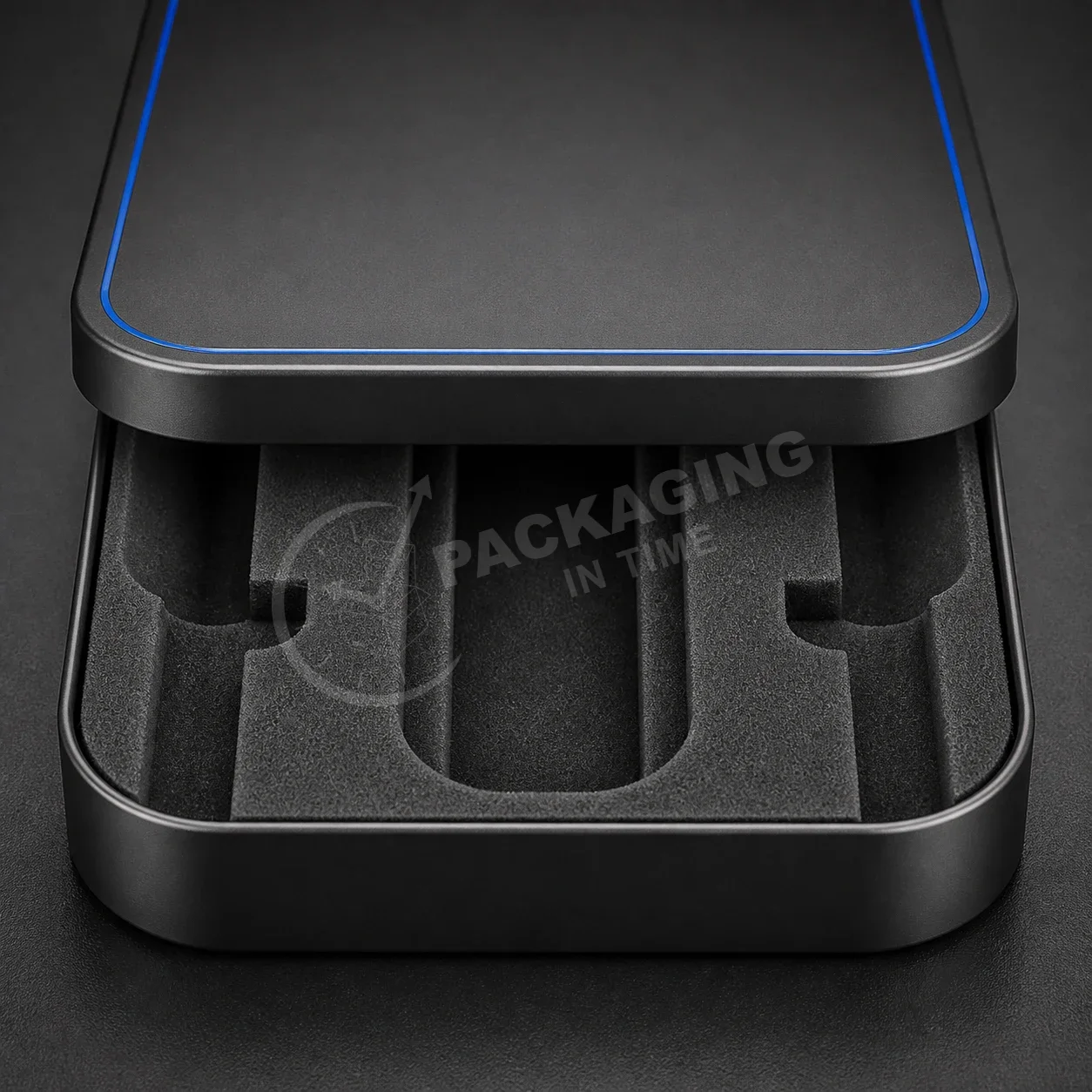 Black Tin Packaging with Blue Trim and Custom Foam Insert