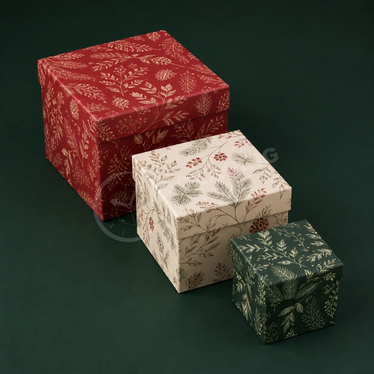 Botanical Holiday Gift Boxes with Lid - Red, Cream & Green Set image 2