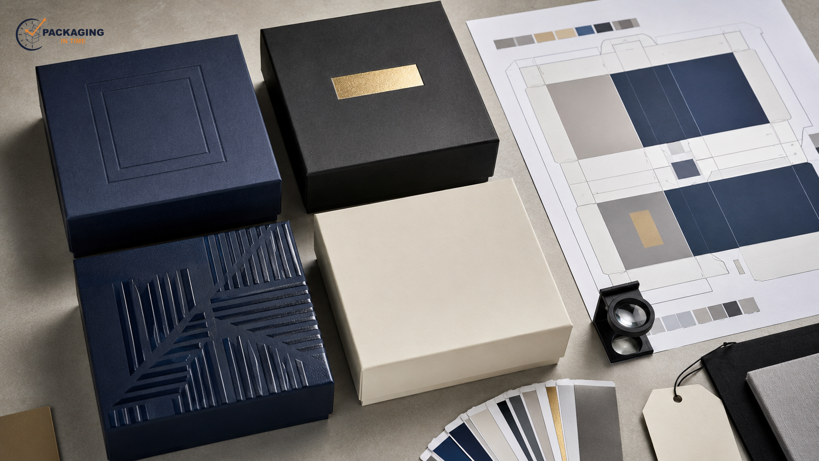 Watermarked landscape photo of premium rigid-box finish samples with blind embossing, gold foil, raised spot UV, soft-touch wrap, dieline proof, loupe, and color swatches.