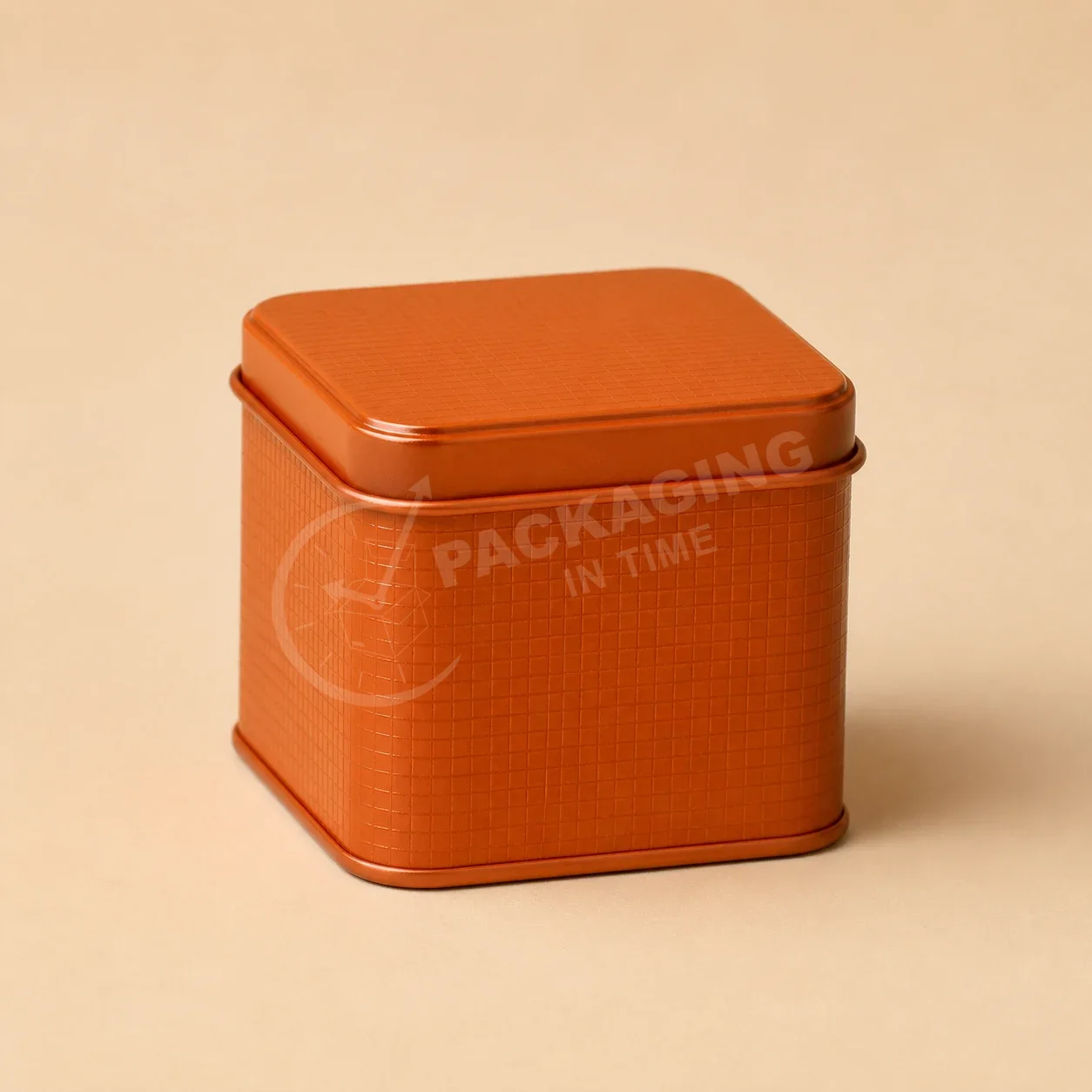Orange Embossed Square Tin Packaging with Metal Lid image 3