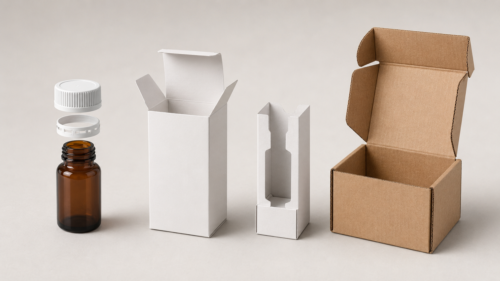 Dropper bottle with a child-resistant closure, retail carton, paperboard insert, and corrugated shipping mailer shown as separate package layers