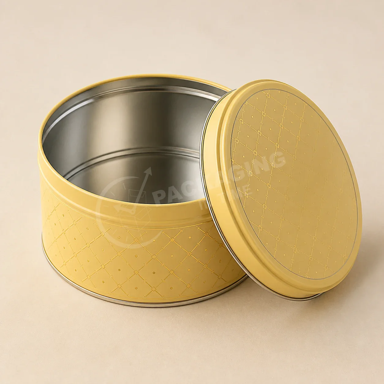 Pale Yellow Round Tin with Quilted Diamond Pattern and Clasp Closure image 2